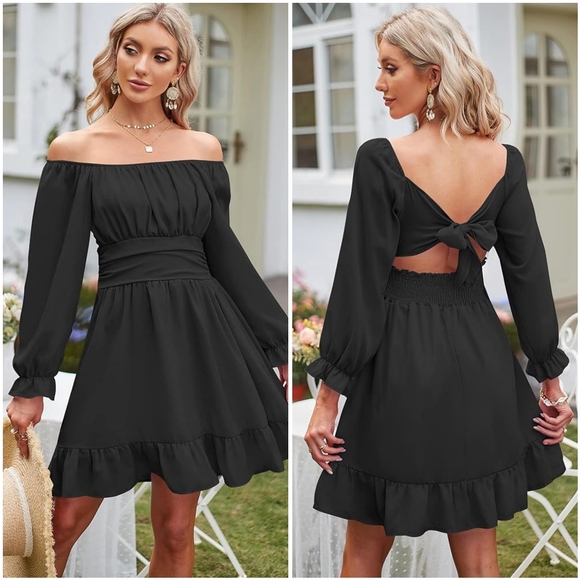 NWT Zaful Black Square Long Puff Lanturn Sleeve Tie Back Beach Sun Mini Dress S - Picture 2 of 14